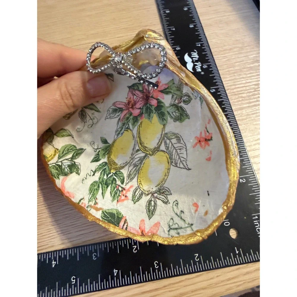 Handmade Decoupage Shell Trinket Dish Lemon Floral‎ Gold Rim Rhinestone Bow 4.5